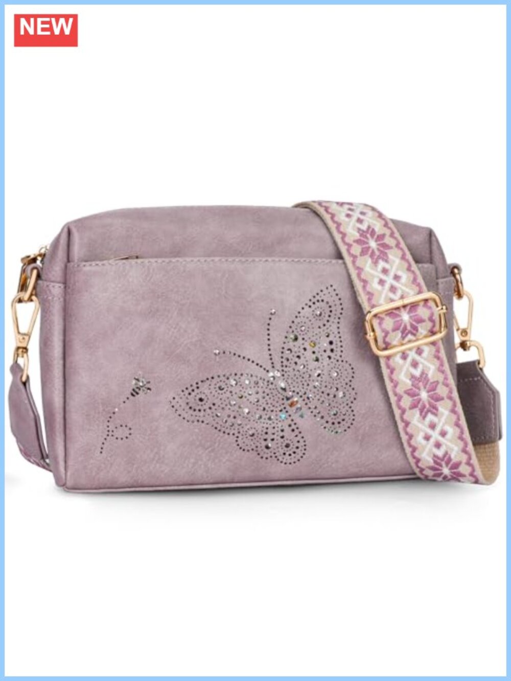 Vegan Leather Crossbody Bag Butterfly Small Purse Wide Strap